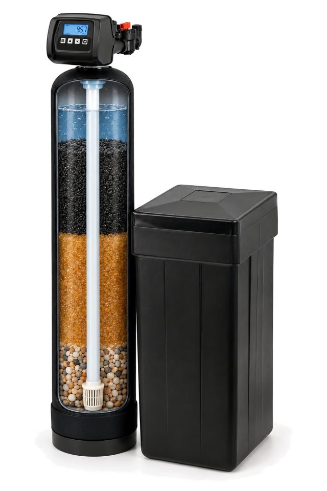 Cutaway of WaterLux Complete showing carbon on top, softening resin in the middle and a stone base, with the brine tank alongside